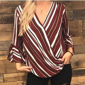 Burgundy stripe bell sleeve blouse